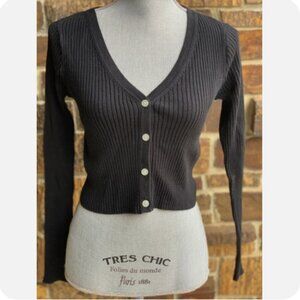 Everlane Small Cotton-Merino Ribbed Cropped Cardigan Black